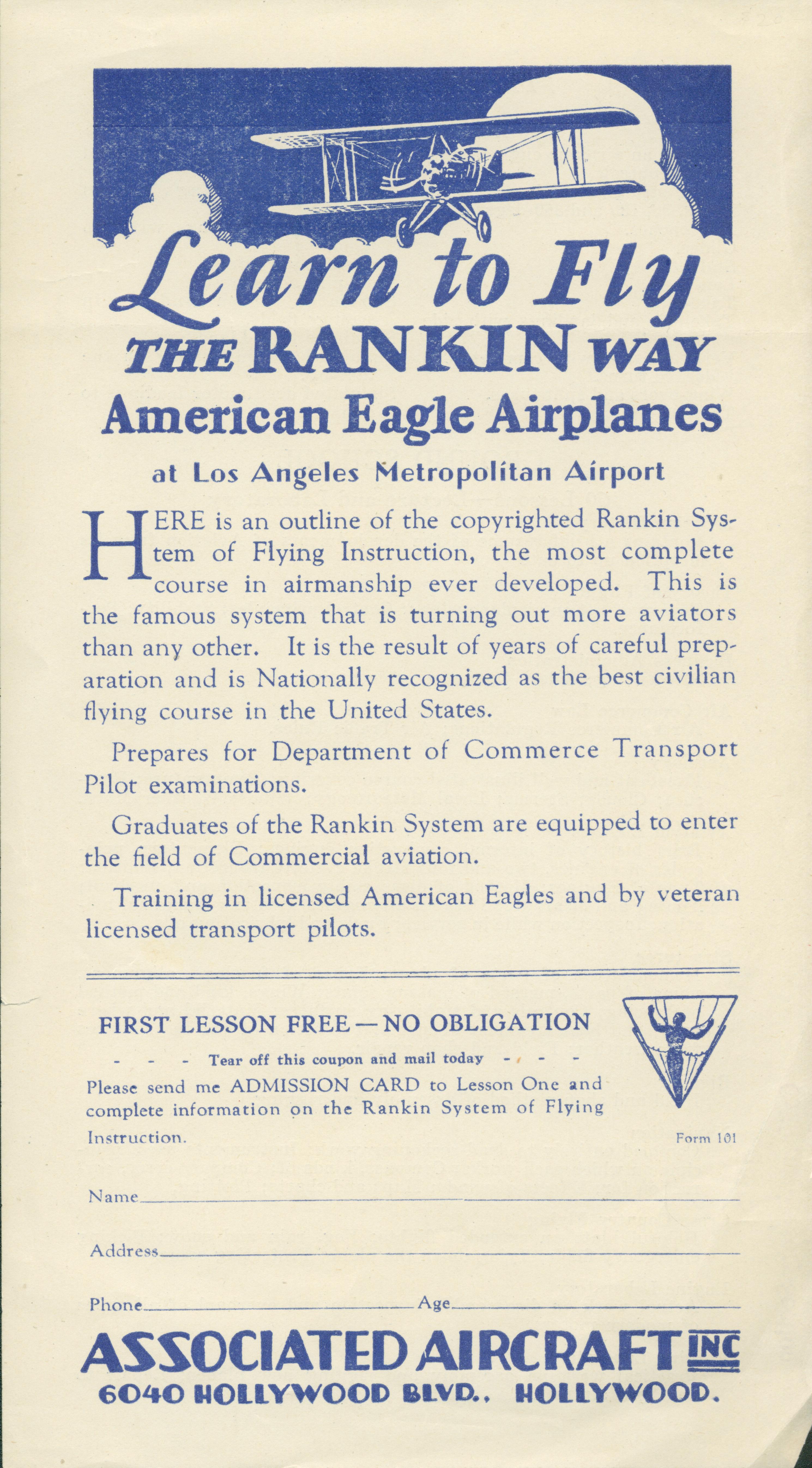 This advertisement shows a biplane in flight, above infomation about the 'Ranking System of Flying Instruction.'